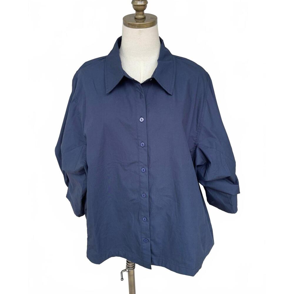 NEW P.CILL women's poplin bishop sleeve button up blouse in navy